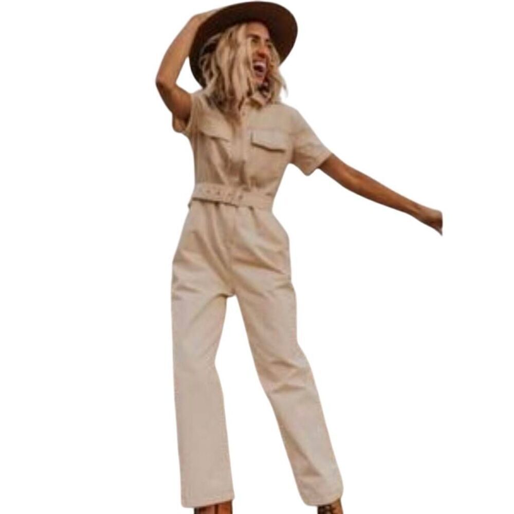 Roolee Women's Ivory Cotton Short Sleeve Jumpsuit
